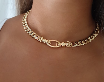 Chunky Gold Curb Chain Choker, Gold Chunky , Statement Necklace, Cuba Link Chain Necklace, Curb Chain Necklace, Gold Cuba Link Chain