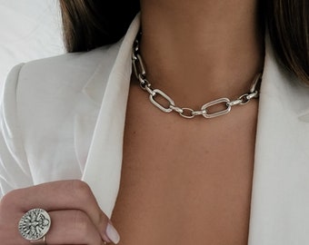 Chunky Oxidized Silver Link Chain Necklace, 16 inch Choker