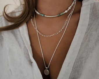 Sterling Silver Layered Necklace Set, Turquoise, Pearl, Aztec Calendar