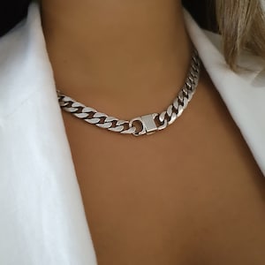 Silver Chunky Curb Necklace, Statement Silver Necklace, Cuban Chain Necklace, Wide Curb Chain Choker, Statement Choker.