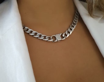 Silver Chunky Curb Necklace, Statement Silver Necklace, Cuban Chain Necklace, Wide Curb Chain Choker, Statement Choker.