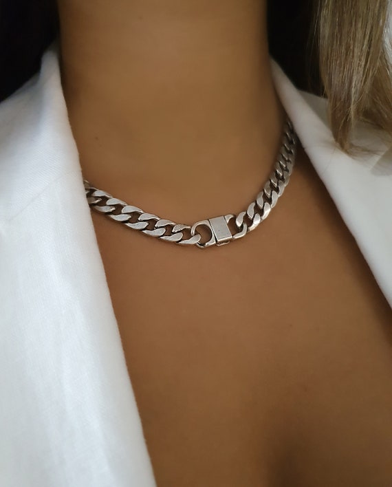 Sterling Silver Plated Chunky Curb Chain Necklace, Wide Statement