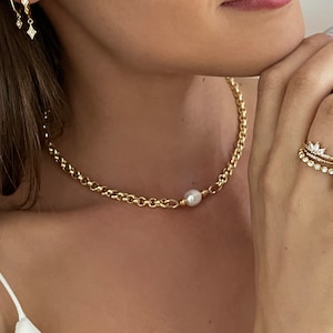 Gold Perlenkette, Süßwasser Perlenkette, Gold Statement Choker Halskette, Gold Kette Perlenkette, Chunky Gold Perlenhalskette.