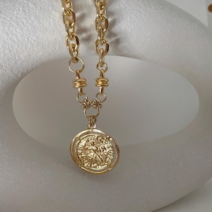 Gold Chunky Medallion Choker, Greek Coin Necklace, Chunky Chain Choker, Mythology Medallion Jewel, Chunky Gold Coin Necklace