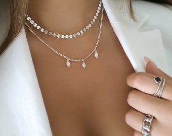 Sterling Silver Layered Necklace Set, Sequin & Pearl Curb Chain