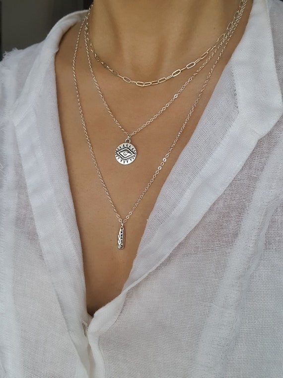 Sterling Silver Long Layered Necklace Silver Chevron Necklace Double Strand Necklace Layering Necklace Set Layer Necklace