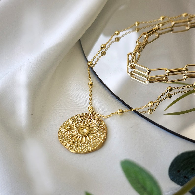 Gold Hammered Coin Necklace, Coin Pendant Necklace, Textured Coin Necklace, Layered Necklace Set, Gold Paperclip Necklace, Hammered Disc image 1
