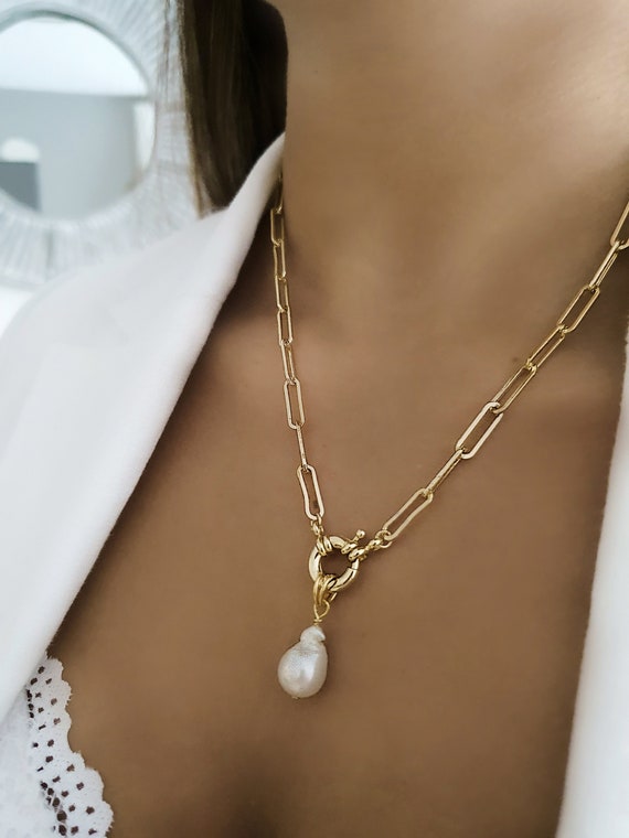 Pearl Necklace, Baroque Pearl Necklace, Gold Statement Necklace 