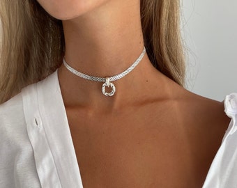 Sterling Silver Choker Collar, Statement Silver Necklace, Silver O Ring Choker Necklace, Choker Ring Pendant, Collar for Women, Collar Woman