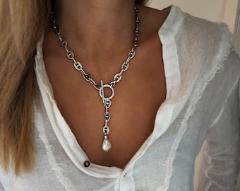 Silver Chunky Lariat Necklace, Silver Lariat Pearl Necklace, Silver Lariat Link Necklace, Lariat Silver Necklace, Statement Necklace