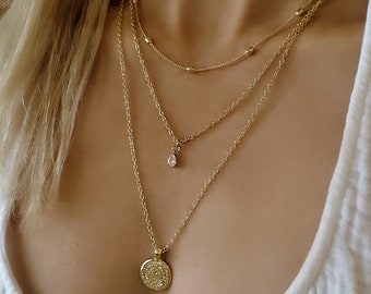 Gold Layered Necklace Set, Gold Coin Necklace, Set of 3 Layers Necklace, Layered Coin Necklace Gold, Dainty Gold necklace Set