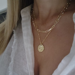 Gold Hammered Coin Necklace, Coin Pendant Necklace, Textured Coin Necklace, Layered Necklace Set, Gold Paperclip Necklace, Hammered Disc image 3