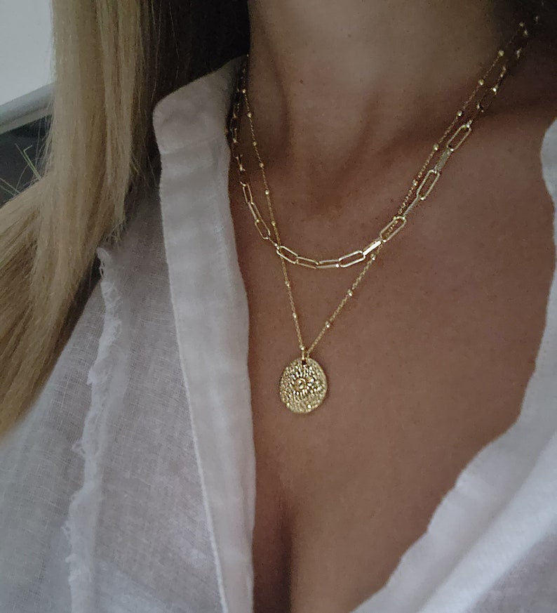 Gold Hammered Coin Necklace, Coin Pendant Necklace, Textured Coin Necklace, Layered Necklace Set, Gold Paperclip Necklace, Hammered Disc image 3