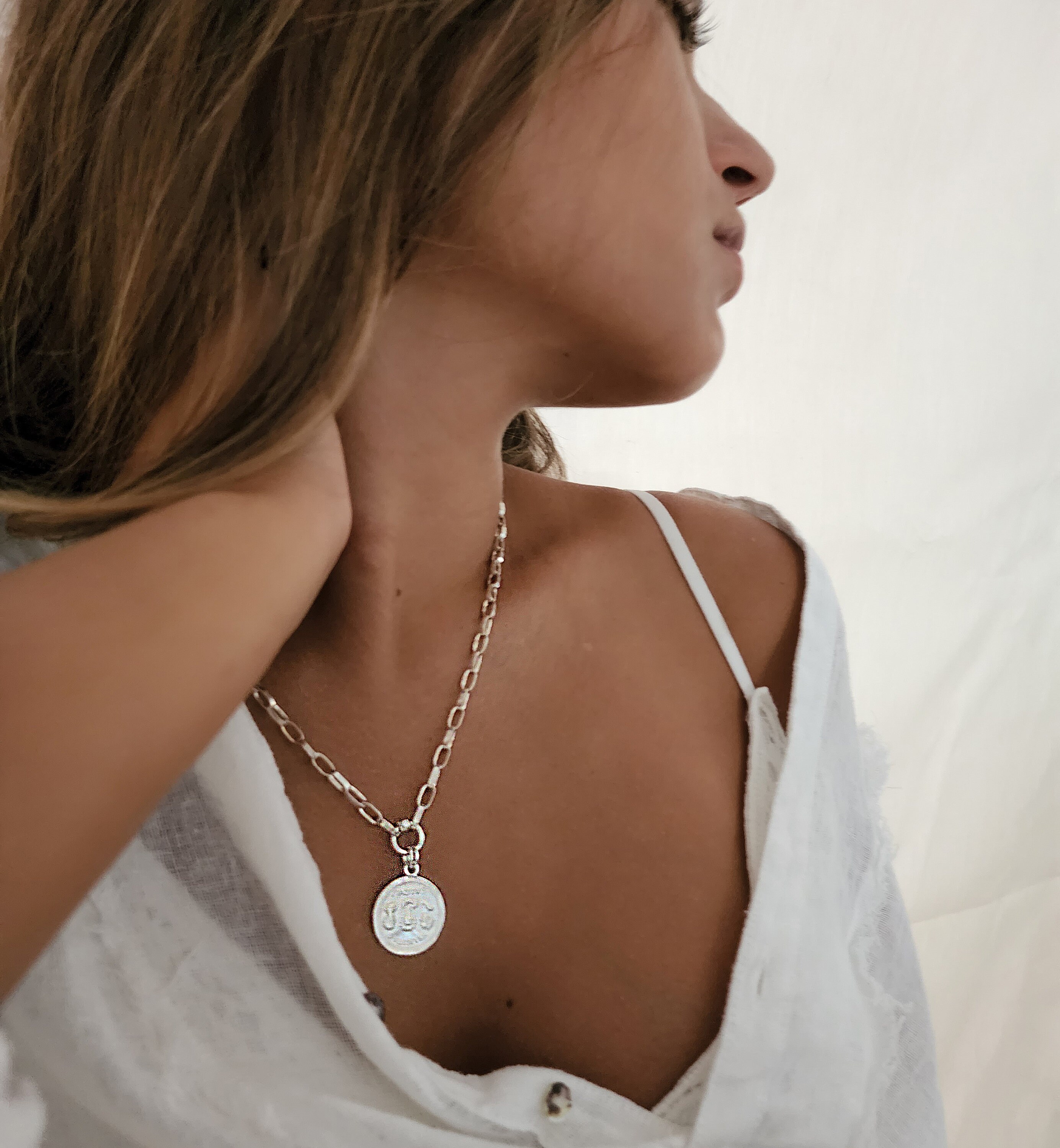 ネックレス・チョーカー Coin/Medallion Silver & Brass Pendant with Chain Necklace il_fullxfull.4076001343_99zk.jpg