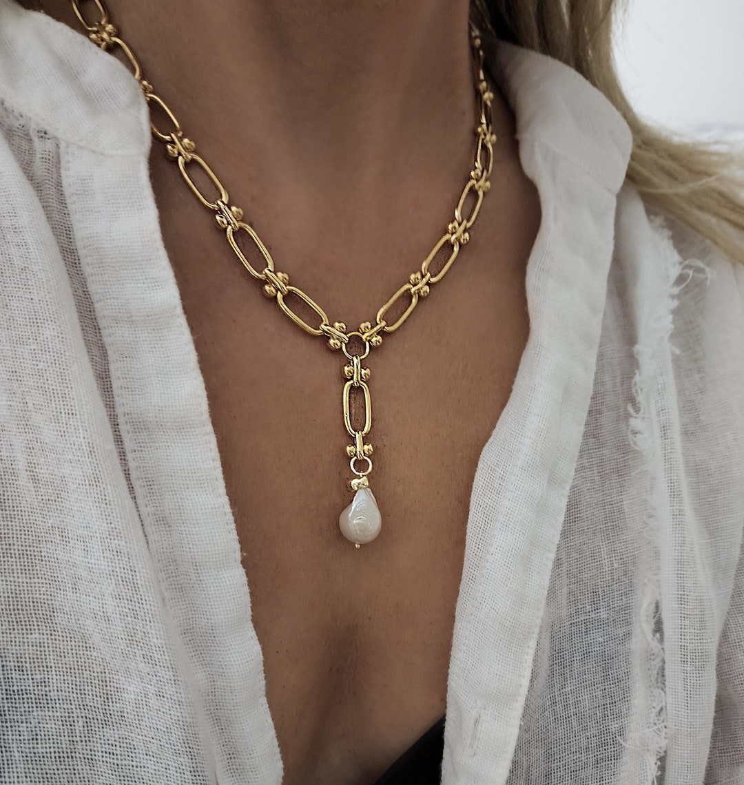 Gold Chunky Lariat Necklace, Gold Lariat Pearl Necklace