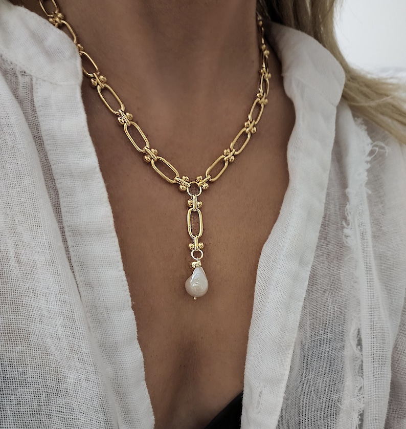 Gold Chunky Lariat Necklace Gold Lariat Pearl Necklace Etsy