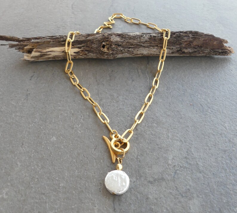 Gold Choker Necklace for woman T-Bar Gold Choker Natural Pearl Necklace Gold Link Chain Choker Gold choker Freshwater Pearl necklace