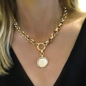 Gold Chunky Medallion Choker, Greek Coin Necklace, Chunky Chain Choker, Mythology Medallion Jewel, Chunky Gold Coin Necklace