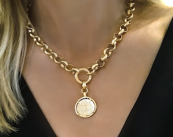 Gold Chunky Medallion Choker, Greek Coin Necklace, Chunky Chain Choker, Mythology Medallion Jewel, Chunky Gold Coin Necklace