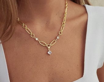 Gold Link Chain Necklace, Gold Lariat Zircon Necklace, Lariat Link Necklace Gold, Gold Chain Zircon Pendant Necklace, Statement Necklace