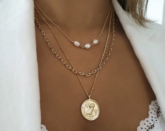 Gold Layered Necklace Set, Gold Coin Necklace, Set of 3 Layers Necklace, Layered Coin Pearl Necklace Gold, Dainty Gold necklace Set