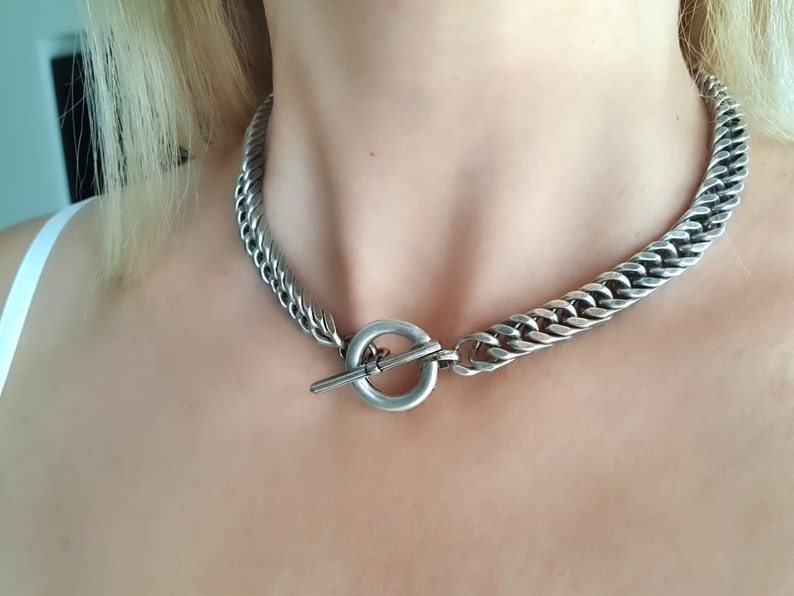 Chunky Silver Curb Chain T-Bar Choker Silver Toggle Choker Necklace Chunky Silver Chain Choker Statement Necklace Cuban Link Necklace