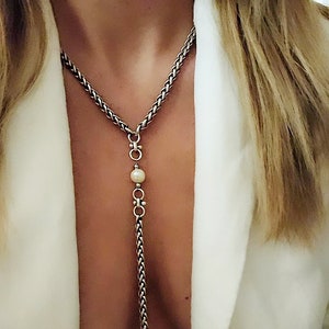 Silver Chunky Lariat Necklace, Silver Lariat Pearl Necklace, Silver Lariat Link Necklace, Lariat Silver Necklace, Statement Necklace
