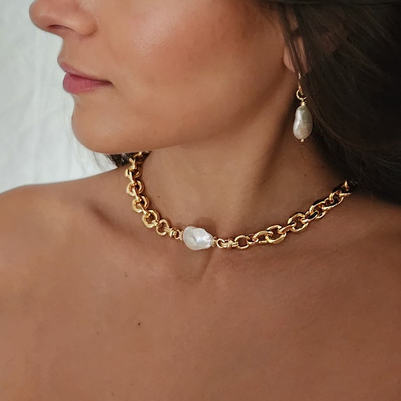 Gold Chunky Pearl Choker Necklace, Gold Pearl Necklace, Chunky