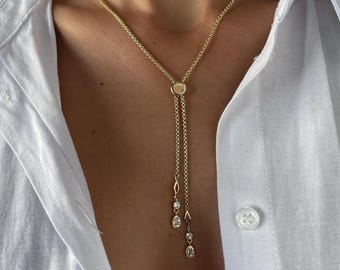 Gold Lariat Necklace, Teardrop CZ Charm, Adjustable Choker