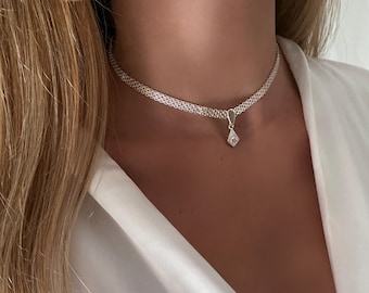 Sterling Silver Mesh Chain Choker, CZ Rhombus Pendant