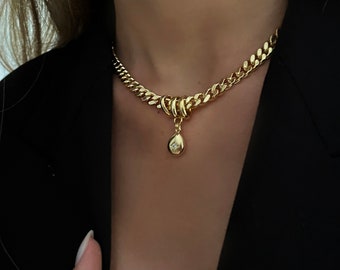 Chunky Gold Curb Chain Choker, Gold Chunky Teardrop Pendant Choker , Statement Necklace, Cuba Chain Necklace, Curb Chain Pendant Necklace.