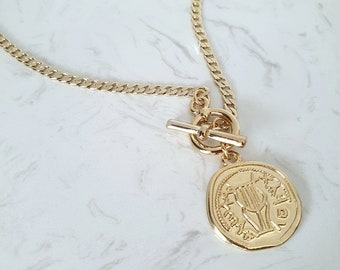 Gold Coin toggle Necklace, Greek Coin Necklace, Curb Chain Necklace, Mythology Medallion Jewel, Chunky Gold Coin Necklace