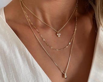 Gold Layered Necklace Set, Pearl & Teardrop Charms