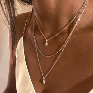 Sterling Silver Layered Necklace Set, Silver Pearl Teardrop Charm Necklace, Set of 3 Layers Necklace, Layered Teardrop Necklace Silver,