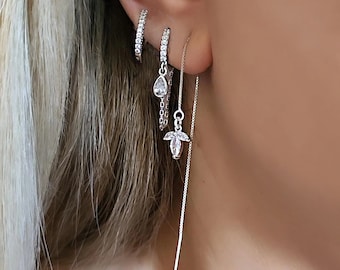 Sterling Silver Hoop earrings Stacking, Stacking Earrings, Hoop Earrings Set for Women, Dangle Hoop Earrings Stack, Lotus Hoop Earrings.