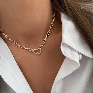 Gold Paperclip Chain Heart Necklace, Gold Link Chain, Link Chain Heart Clasp Choker, Gold Carabiner  Clasp Choker, Gold  Paperclip Necklace
