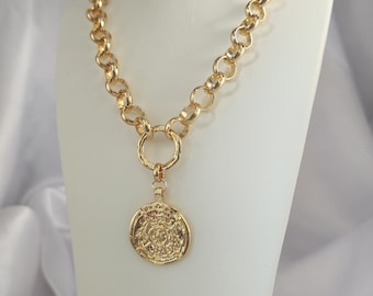 Gold Chunky Medallion Choker, Greek Coin Necklace, Chunky Chain Choker, Mythology Medallion Jewel, Chunky Gold Coin Necklace