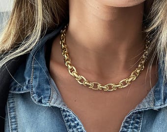 Ras de cou grosse chaîne à maillons en or, gros collier chaîne à maillons, collier tendance en or, collier chaîne nouée en or, tour de cou grosse chaîne en or