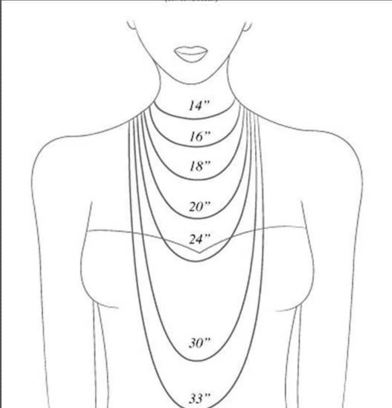 Pu&ograve; includere: Diagramma che mostra diverse lunghezze di collana su un manichino, che vanno da 14 pollici a 33 pollici.