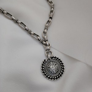 Silver Chunky Coin Necklace, Silver Statement Necklace, Ancient Coin Necklace, Chunky Chain Necklace, Chunky Necklace for Women, Big Links