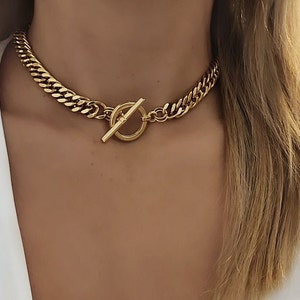 Chunky Gold Curb Chain Choker, Chunky Toggle Choker, Statement Choker, Cuban Link Chain Necklace, Curb Chain Necklace, Vintage Jewelry