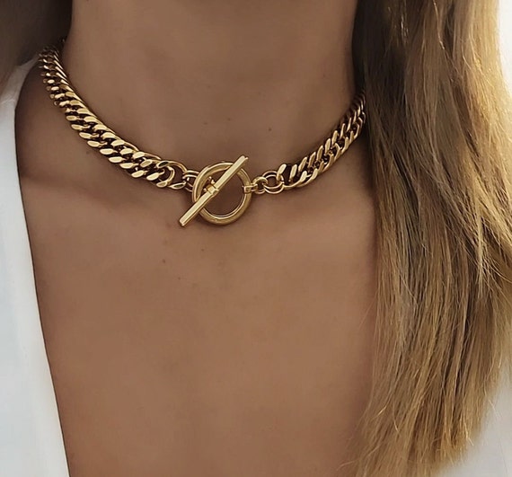 Chunky Gold Curb Chain Choker, 18K Gold-plated Toggle Necklace - Etsy