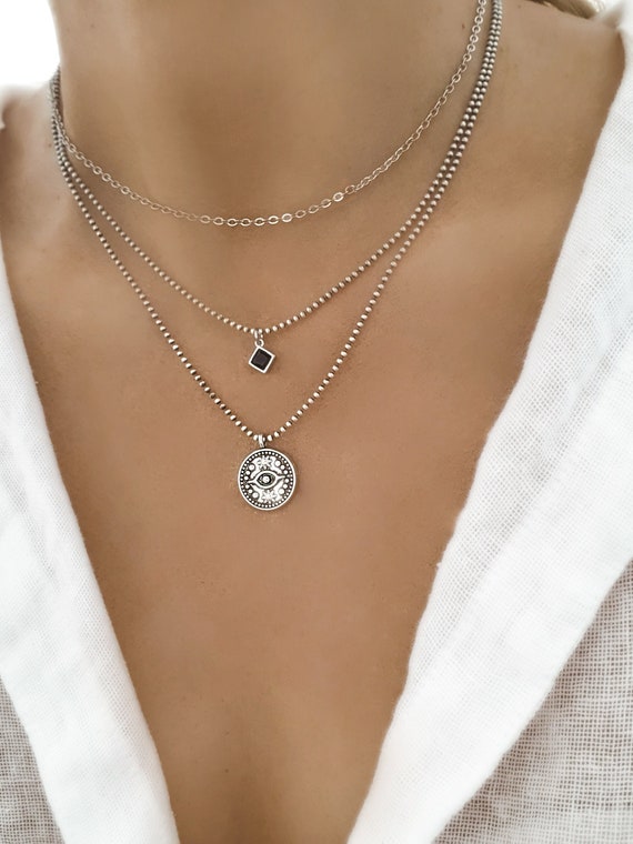 Sterling Silver Long Layered Necklace Silver Chevron Necklace Double Strand Necklace Layering Necklace Set Layer Necklace