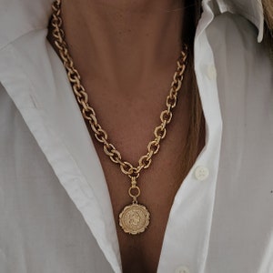 Statement gold coin necklace deals