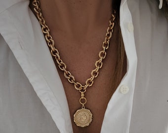 Gold Chunky Coin Necklace, Gold Statement Necklace, Ancient Coin Necklace, Chunky Silver Necklace, Chunky Necklace Women, Medallion Necklace