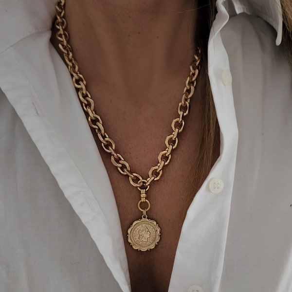 Gold Chunky Coin Necklace, Gold Statement Necklace, Ancient Coin Necklace, Chunky Silver Necklace, Chunky Necklace Women, Medallion Necklace