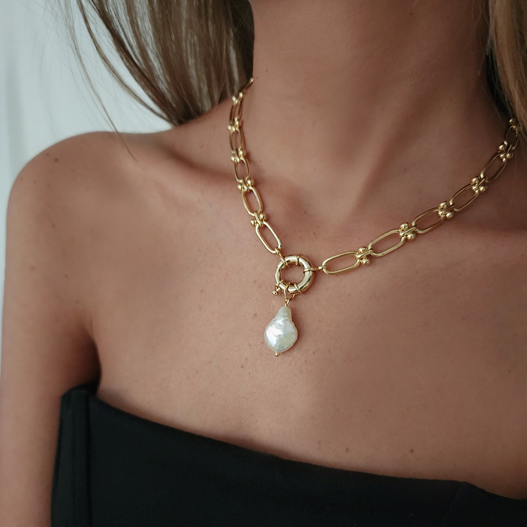 Gold Chunky Pearl Necklace, Gold Pearl Necklace, Link Chain