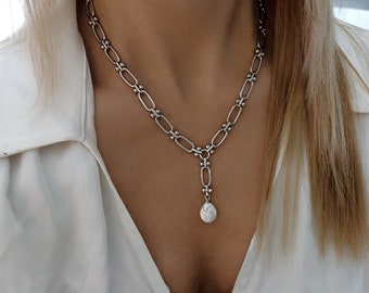 Collana Lariat grosso d'argento, Collana di perle Lariat d'argento, Collana a maglie Lariat d'argento, Collana d'argento Lariat, Collana di dichiarazione