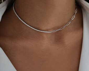 Sterling Silver Paperclip Tennis Choker Necklace, 925 Silver Tennis Paperclip Chain, Paperclip Chain Choker Silver, Dainty Silver choker