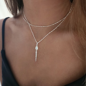 Sterling Silver Lariat Pearl Necklace, Dainty Silver Y Necklace, Delicate Silver Necklace, Silver Layered Lariat Necklace.